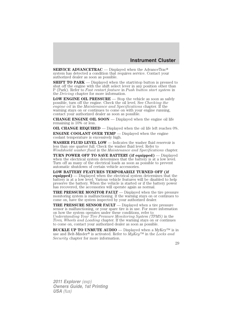 Instrument cluster | FORD 2011 Explorer v.1 User Manual | Page 30 / 449