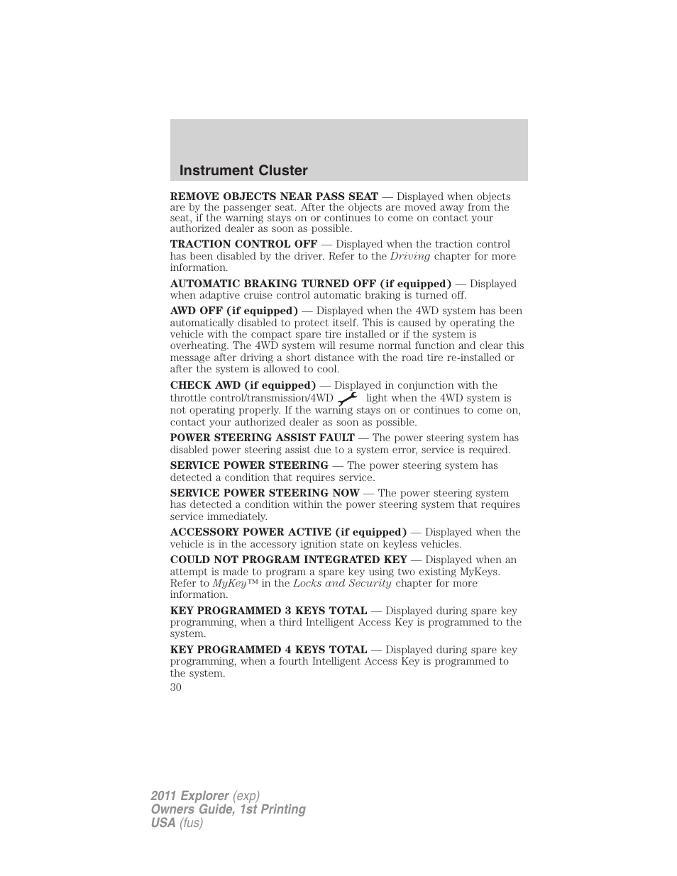 Instrument cluster | FORD 2011 Explorer v.1 User Manual | Page 31 / 449