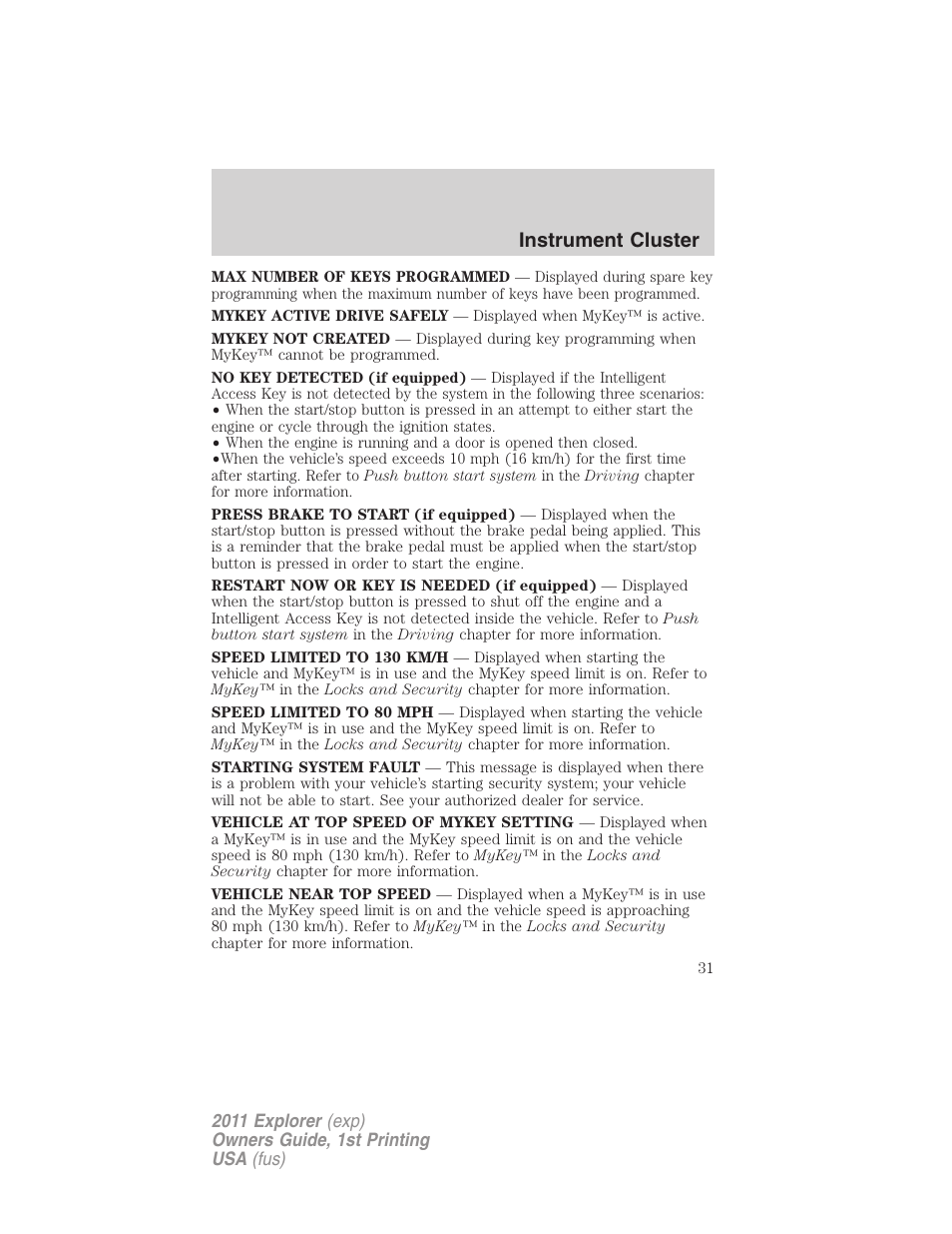 Instrument cluster | FORD 2011 Explorer v.1 User Manual | Page 32 / 449
