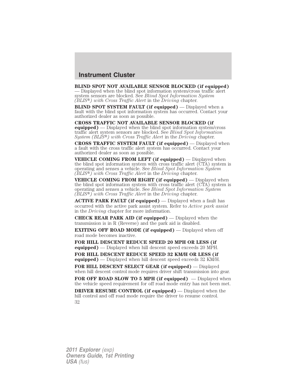 Instrument cluster | FORD 2011 Explorer v.1 User Manual | Page 33 / 449