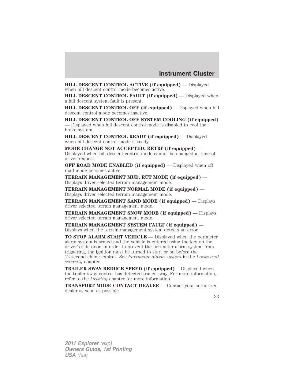 Instrument cluster | FORD 2011 Explorer v.1 User Manual | Page 34 / 449