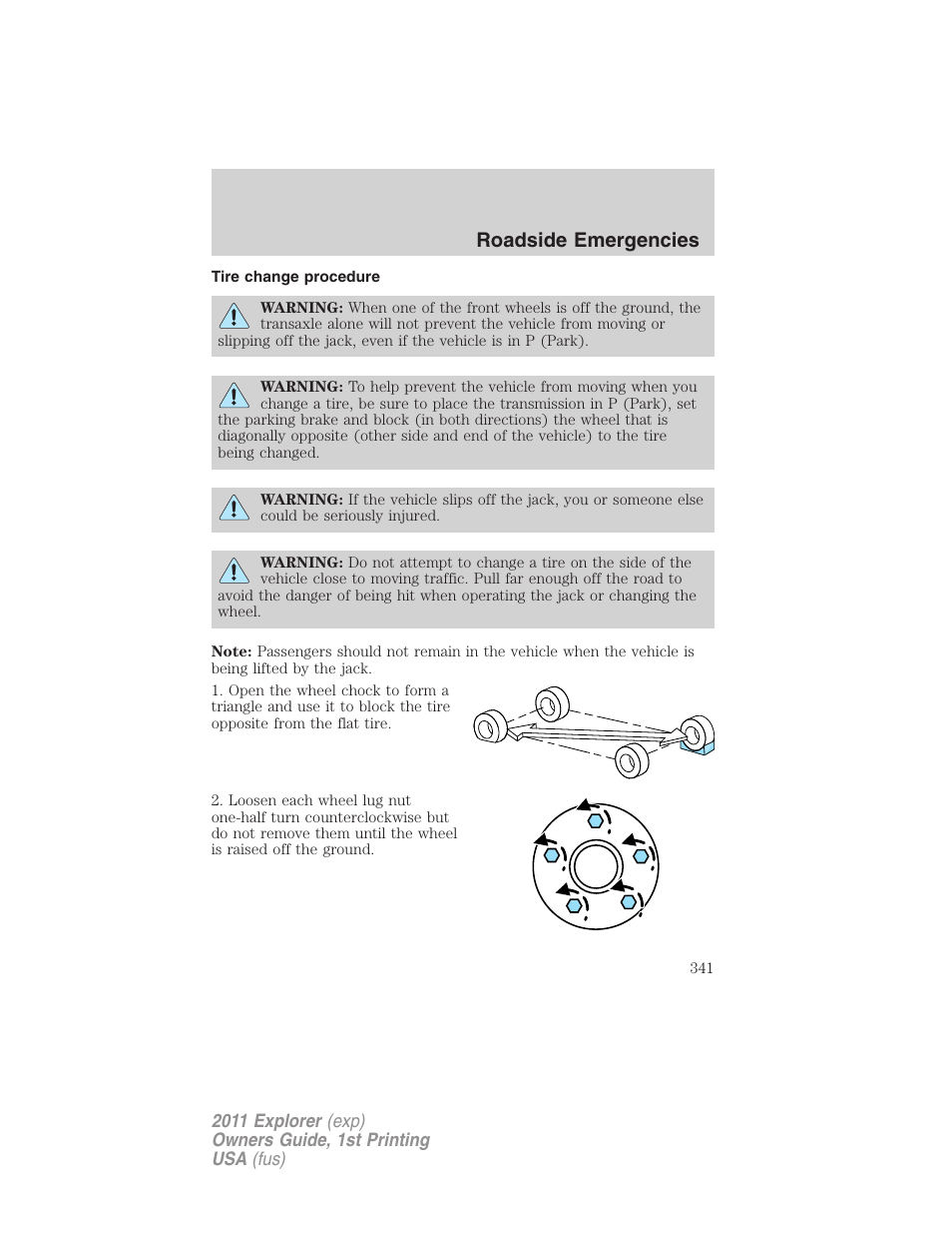Tire change procedure, Roadside emergencies | FORD 2011 Explorer v.1 User Manual | Page 342 / 449