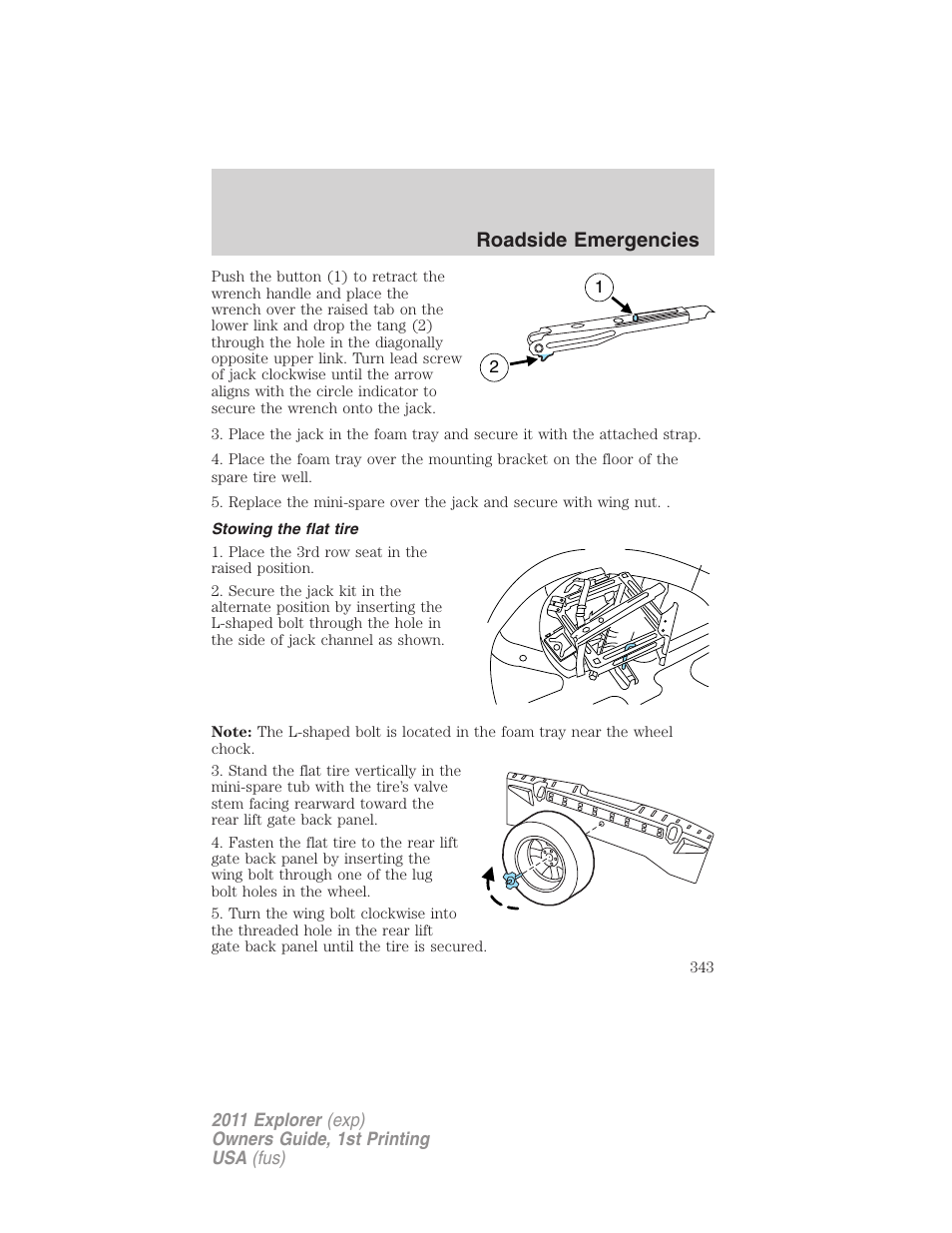 Stowing the flat tire, Roadside emergencies | FORD 2011 Explorer v.1 User Manual | Page 344 / 449