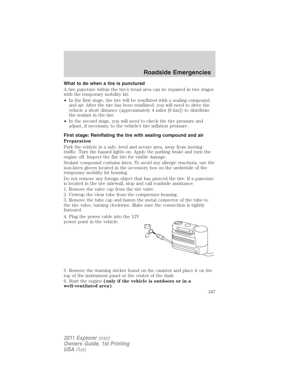 What to do when a tire is punctured, Roadside emergencies | FORD 2011 Explorer v.1 User Manual | Page 348 / 449