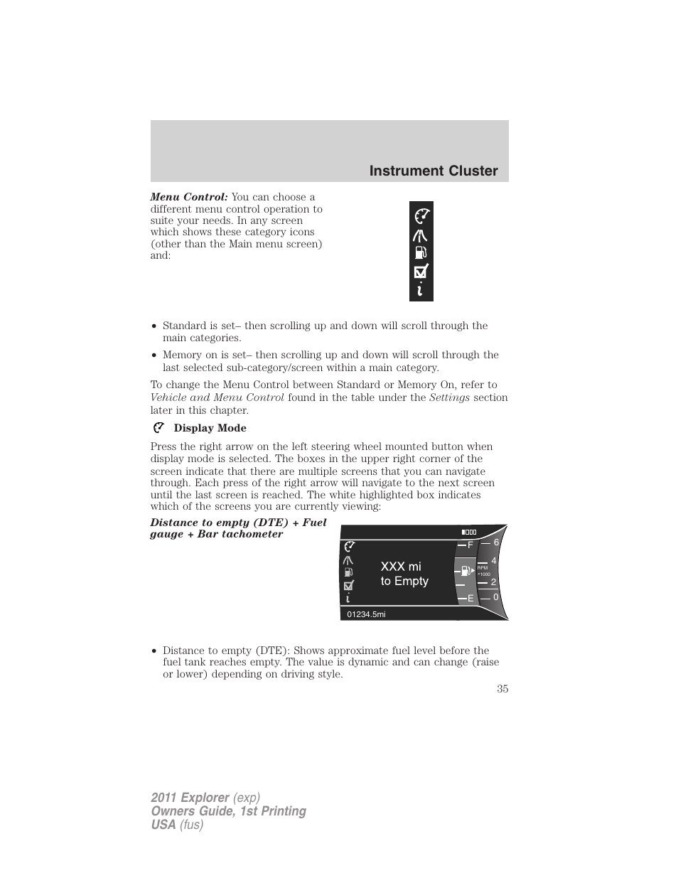Instrument cluster | FORD 2011 Explorer v.1 User Manual | Page 36 / 449