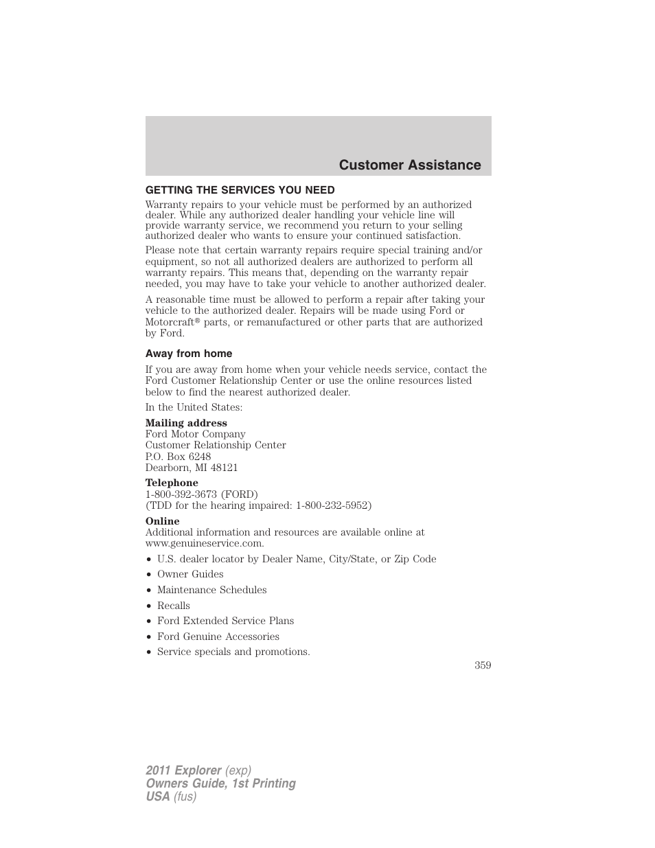 Customer assistance, Getting the services you need, Away from home | FORD 2011 Explorer v.1 User Manual | Page 360 / 449