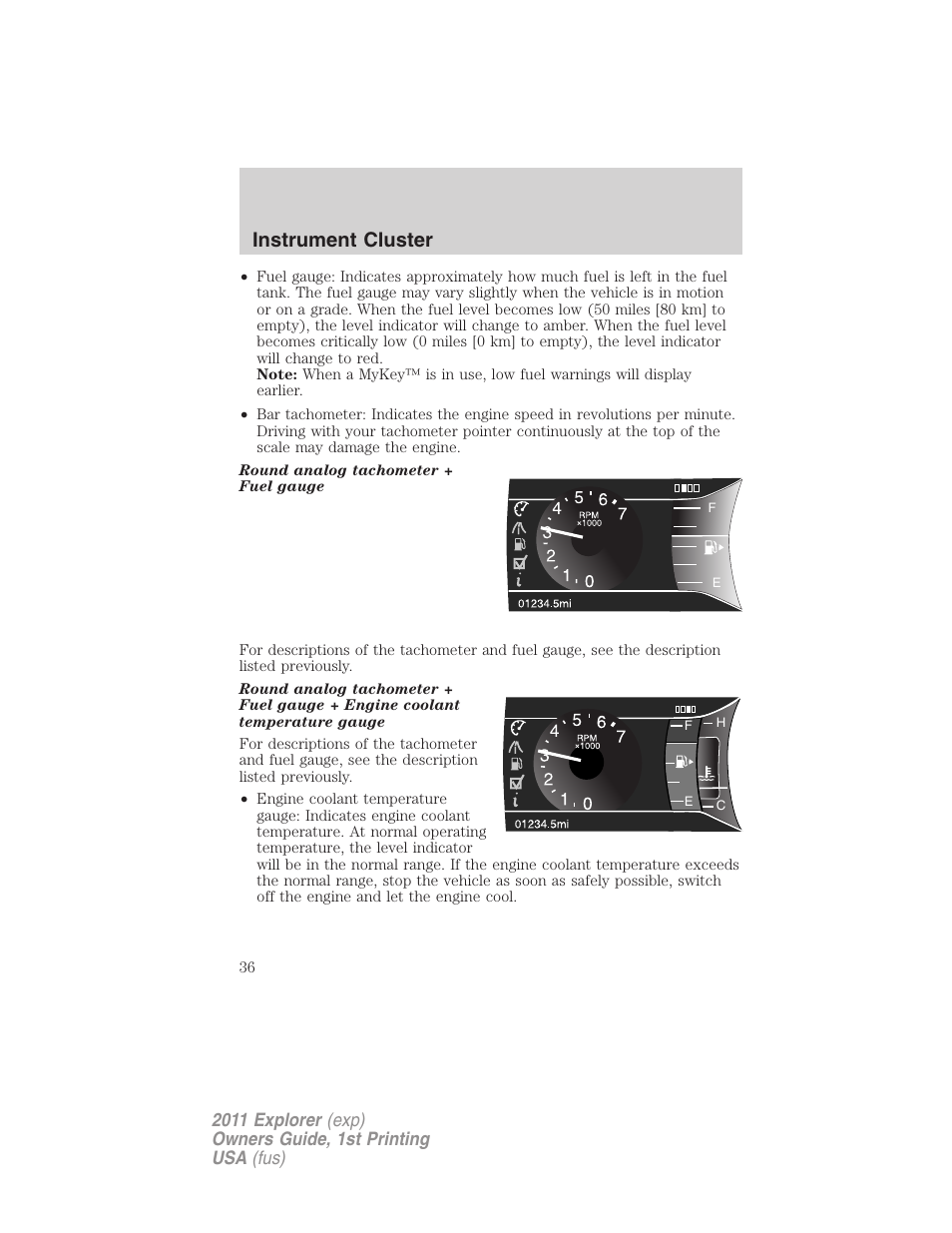 Instrument cluster | FORD 2011 Explorer v.1 User Manual | Page 37 / 449