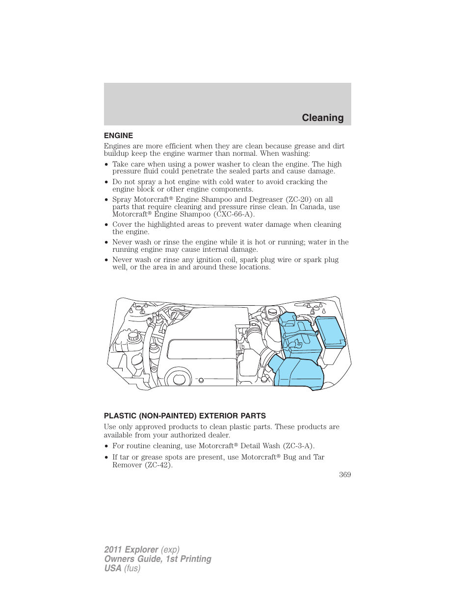 Engine, Plastic (non-painted) exterior parts, Cleaning | FORD 2011 Explorer v.1 User Manual | Page 370 / 449