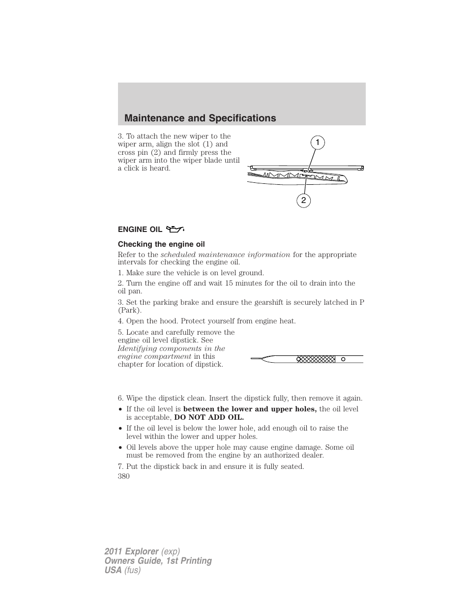 Engine oil, Checking the engine oil, Maintenance and specifications | FORD 2011 Explorer v.1 User Manual | Page 381 / 449