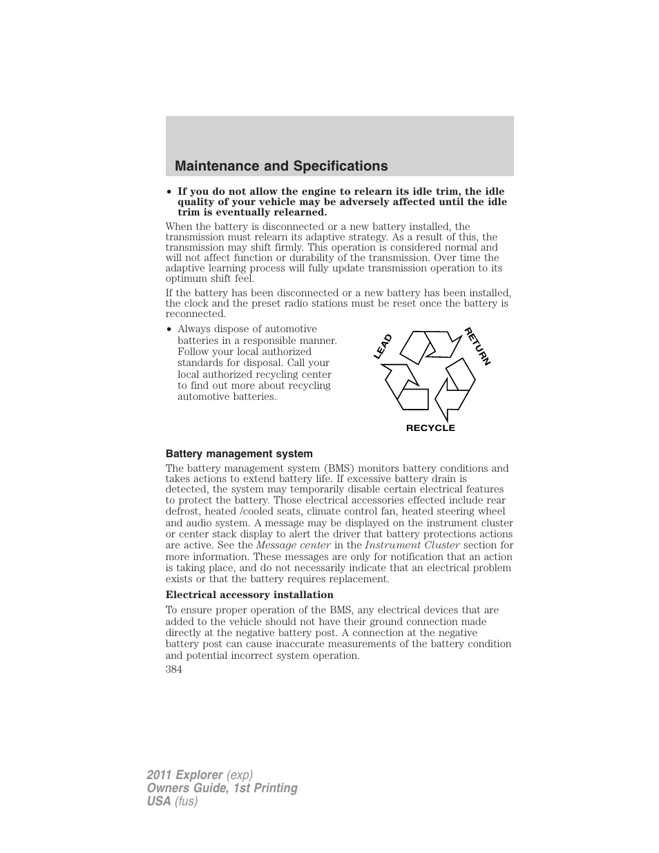 Battery management system, Maintenance and specifications | FORD 2011 Explorer v.1 User Manual | Page 385 / 449