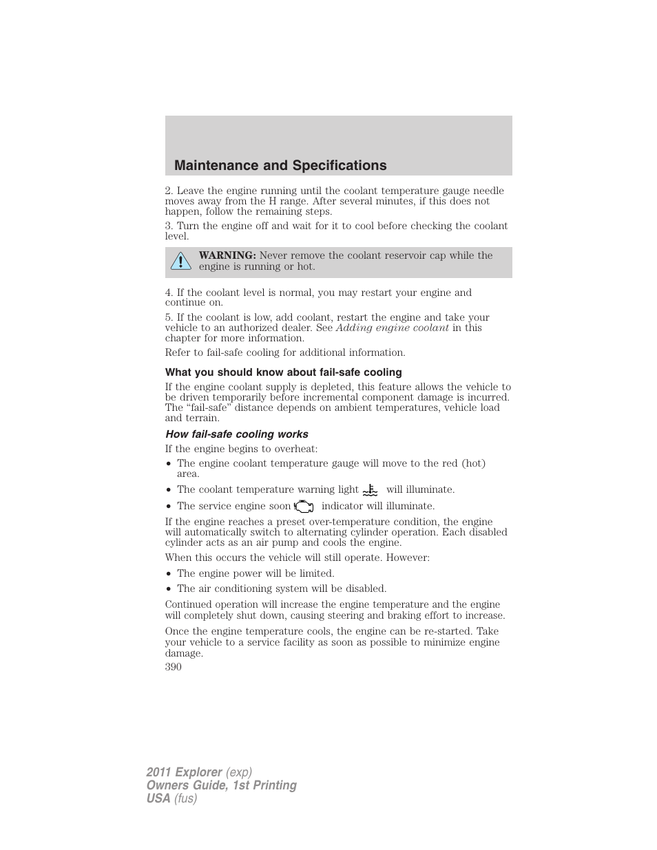 What you should know about fail-safe cooling, How fail-safe cooling works, Maintenance and specifications | FORD 2011 Explorer v.1 User Manual | Page 391 / 449