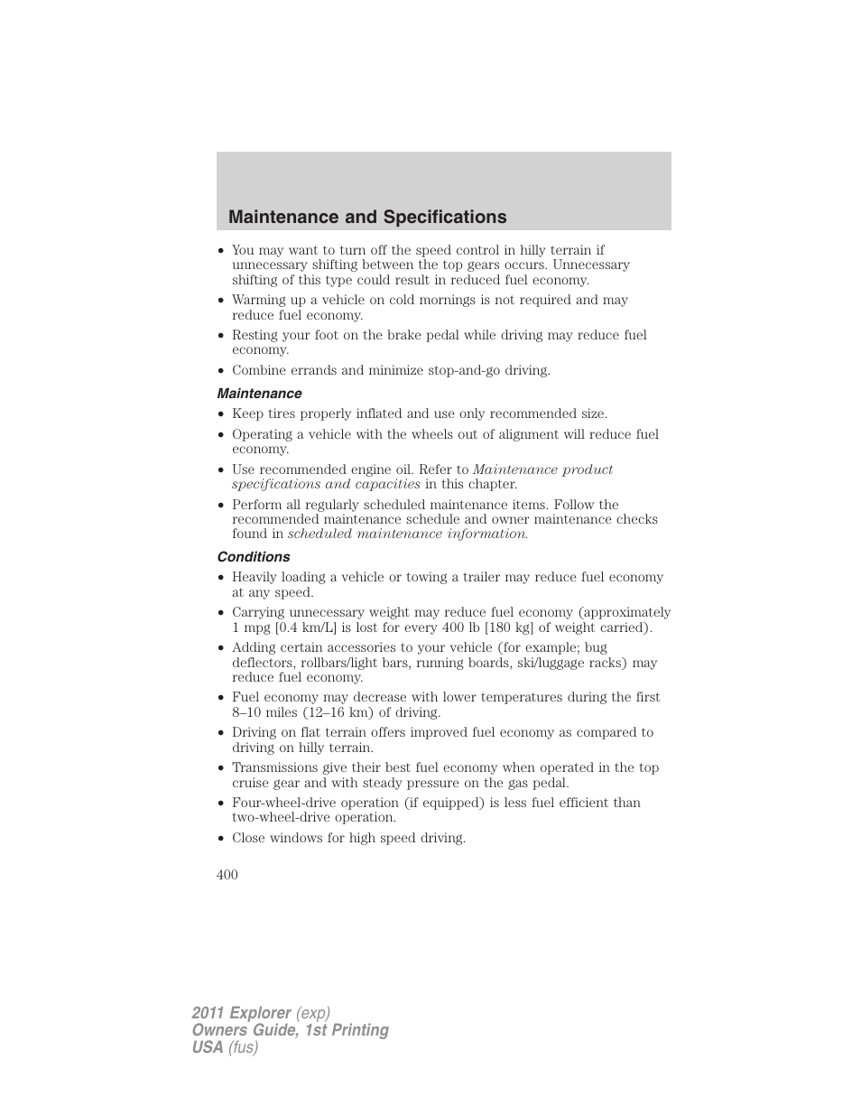 Maintenance, Conditions, Maintenance and specifications | FORD 2011 Explorer v.1 User Manual | Page 401 / 449
