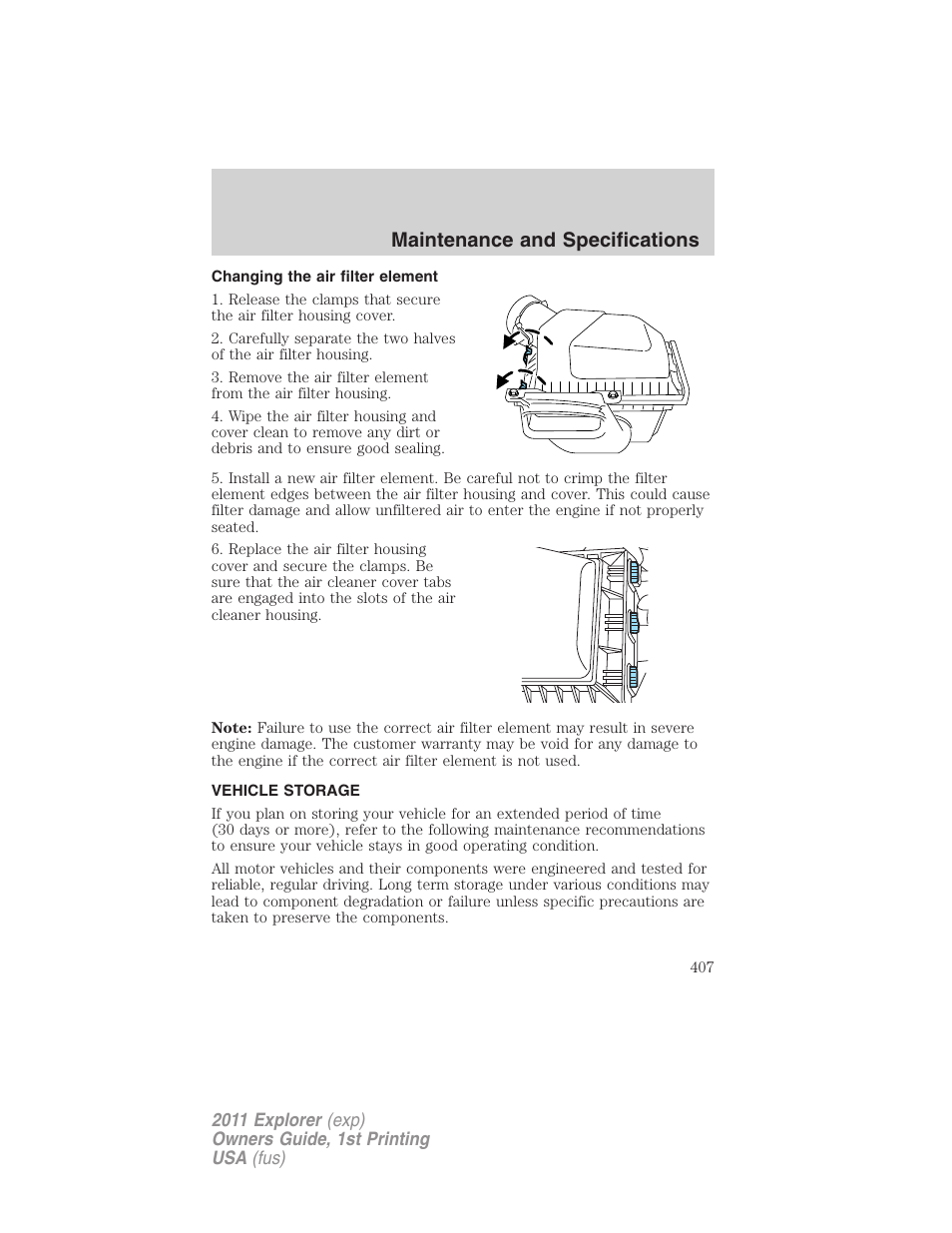 Changing the air filter element, Vehicle storage, Maintenance and specifications | FORD 2011 Explorer v.1 User Manual | Page 408 / 449