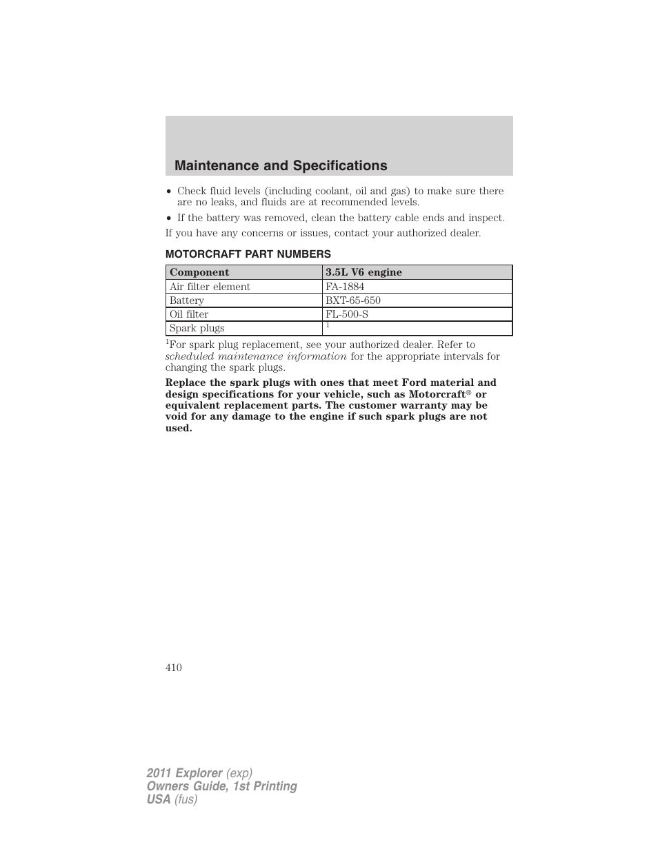 Motorcraft part numbers, Part numbers, Maintenance and specifications | FORD 2011 Explorer v.1 User Manual | Page 411 / 449