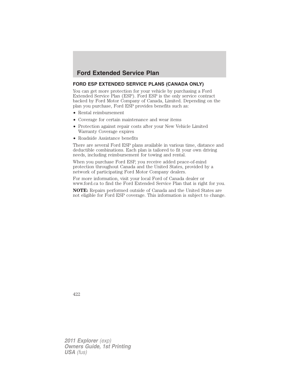 Ford esp extended service plans (canada only), Ford extended service plan | FORD 2011 Explorer v.1 User Manual | Page 423 / 449