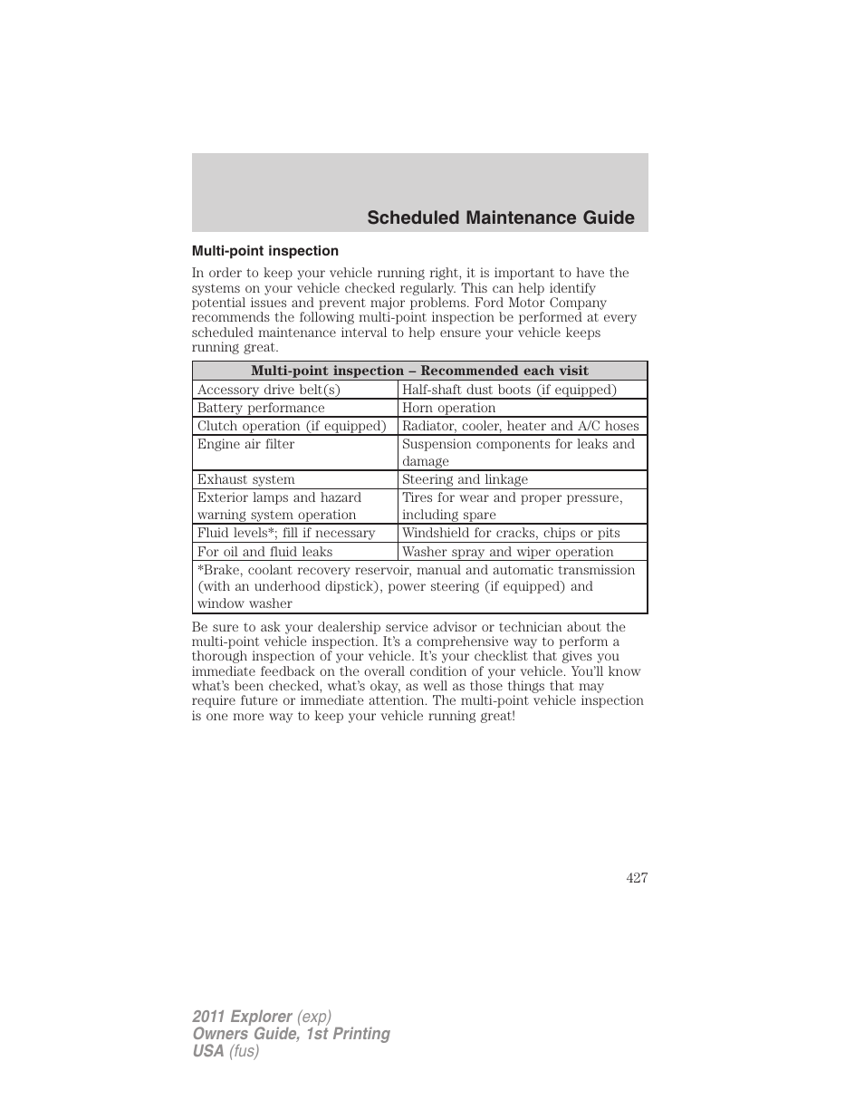 Multi-point inspection, Scheduled maintenance guide | FORD 2011 Explorer v.1 User Manual | Page 428 / 449