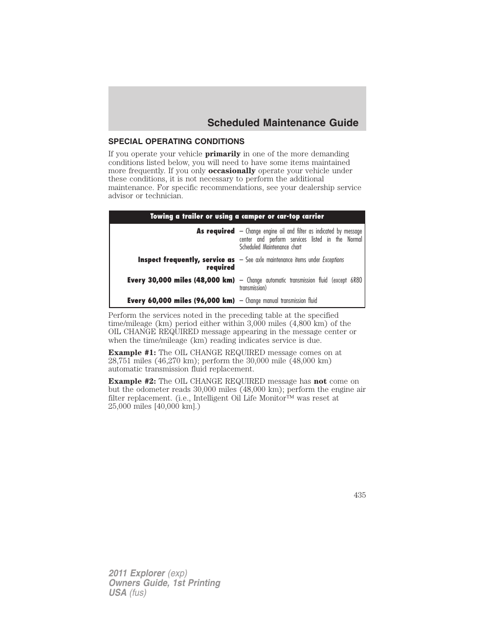 Special operating conditions, Scheduled maintenance guide | FORD 2011 Explorer v.1 User Manual | Page 436 / 449