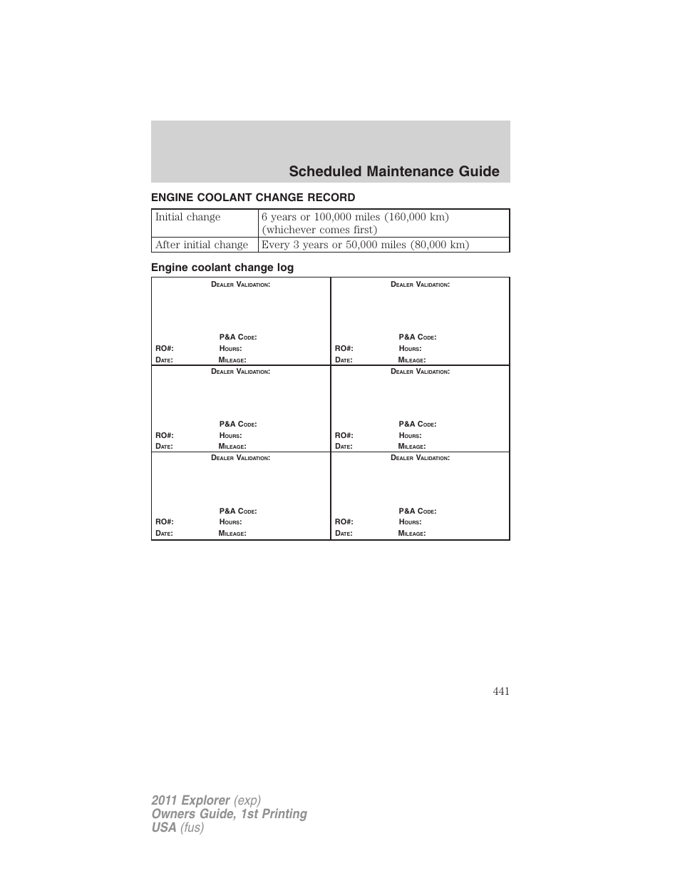 Engine coolant change record, Engine coolant change log, Scheduled maintenance guide | FORD 2011 Explorer v.1 User Manual | Page 442 / 449