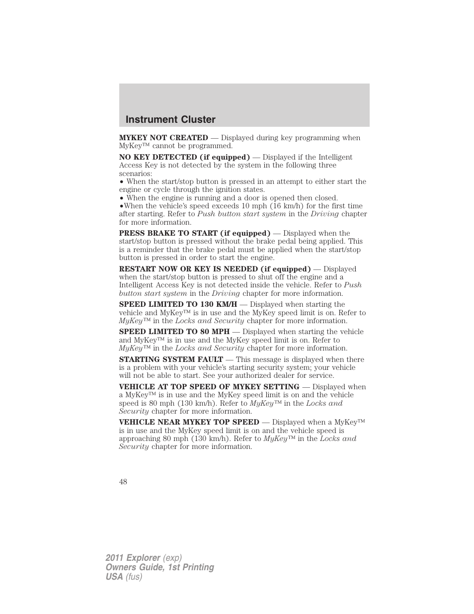 Instrument cluster | FORD 2011 Explorer v.1 User Manual | Page 49 / 449
