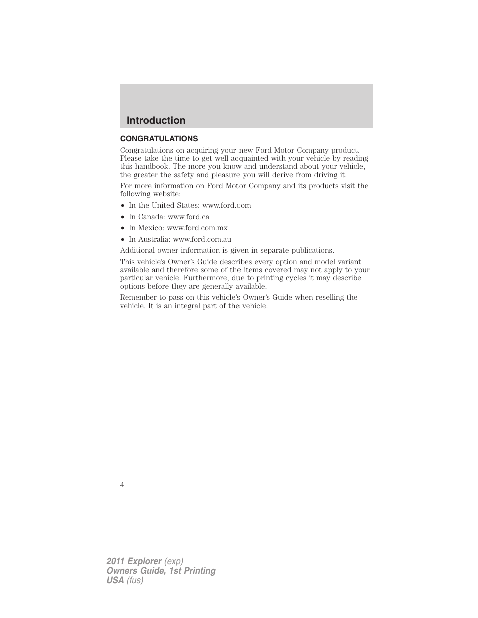 Introduction, Congratulations | FORD 2011 Explorer v.1 User Manual | Page 5 / 449