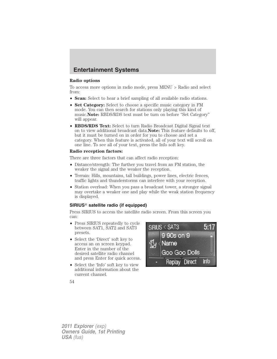 Sirius satellite radio (if equipped), Entertainment systems | FORD 2011 Explorer v.1 User Manual | Page 55 / 449