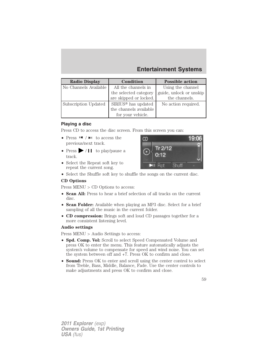 Playing a disc, Entertainment systems | FORD 2011 Explorer v.1 User Manual | Page 60 / 449