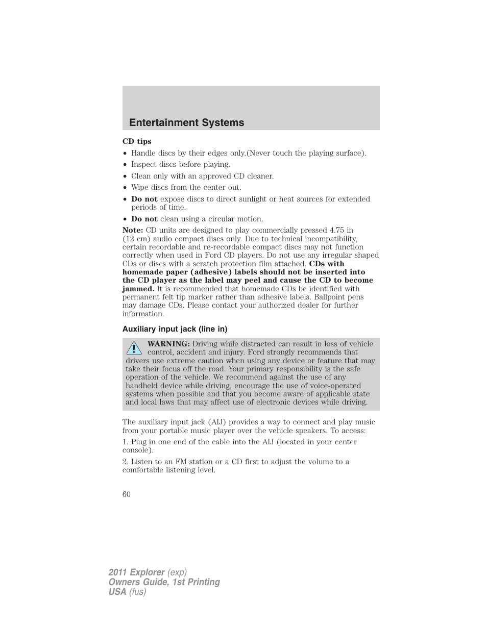 Auxiliary input jack (line in), Entertainment systems | FORD 2011 Explorer v.1 User Manual | Page 61 / 449