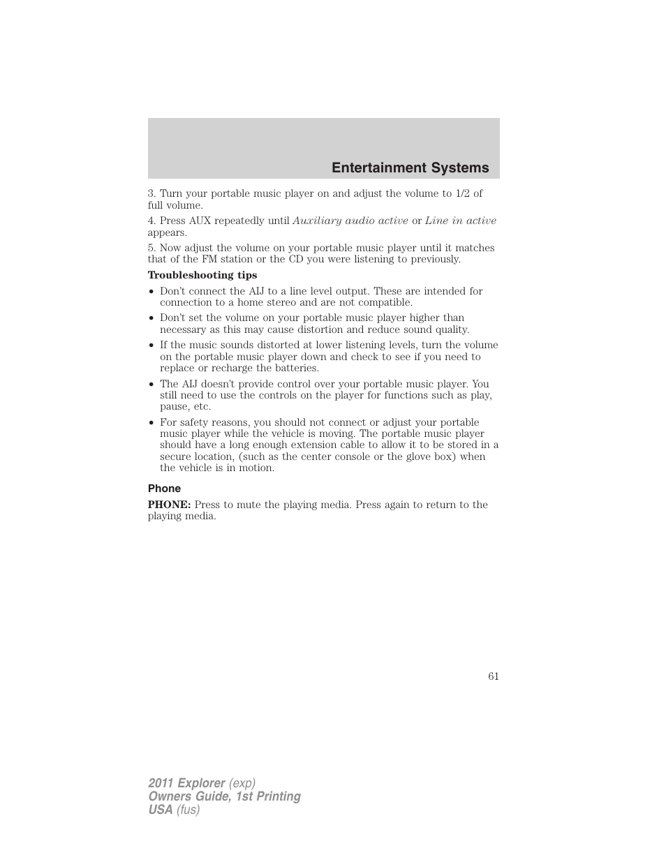 Phone, Entertainment systems | FORD 2011 Explorer v.1 User Manual | Page 62 / 449