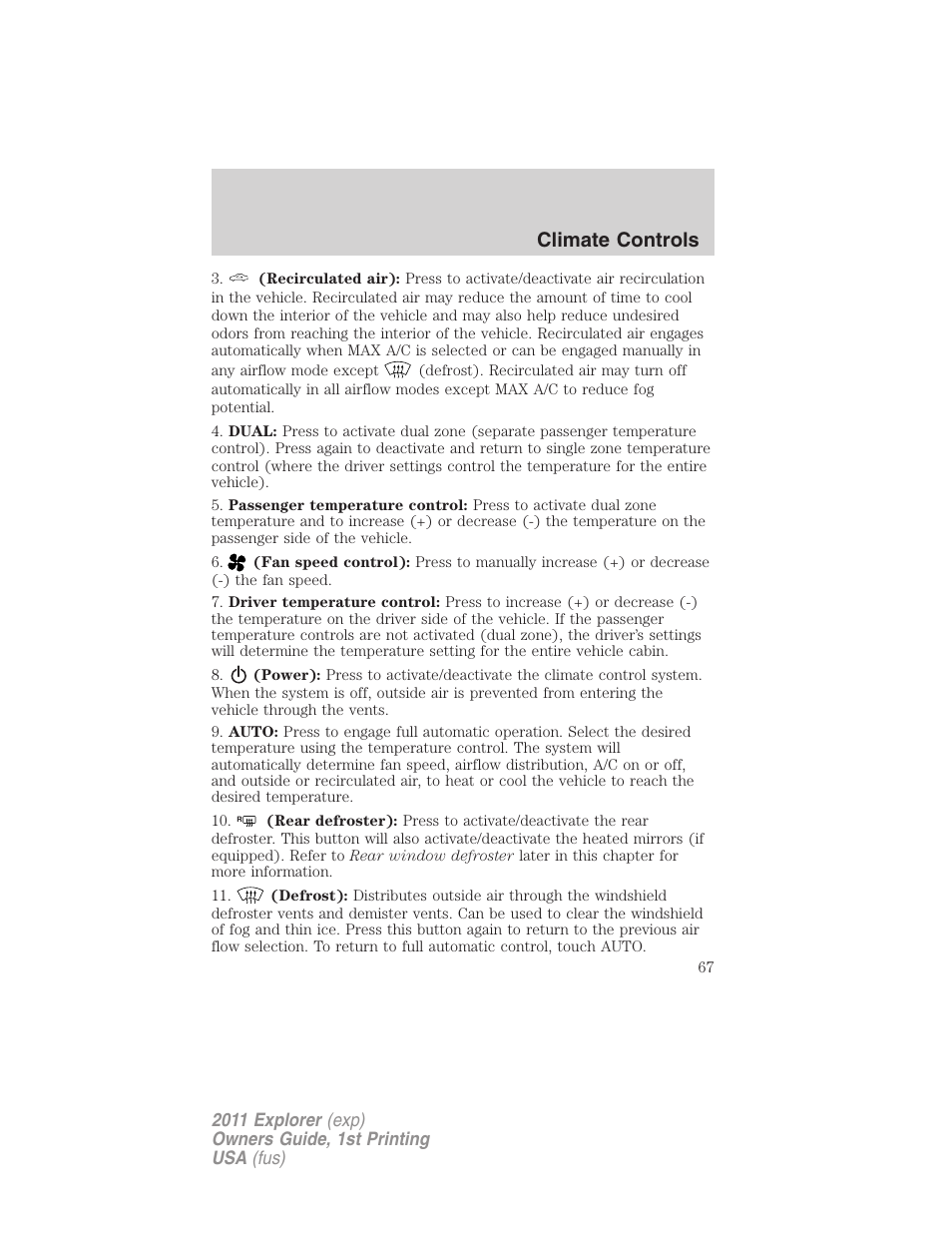 Climate controls | FORD 2011 Explorer v.1 User Manual | Page 68 / 449