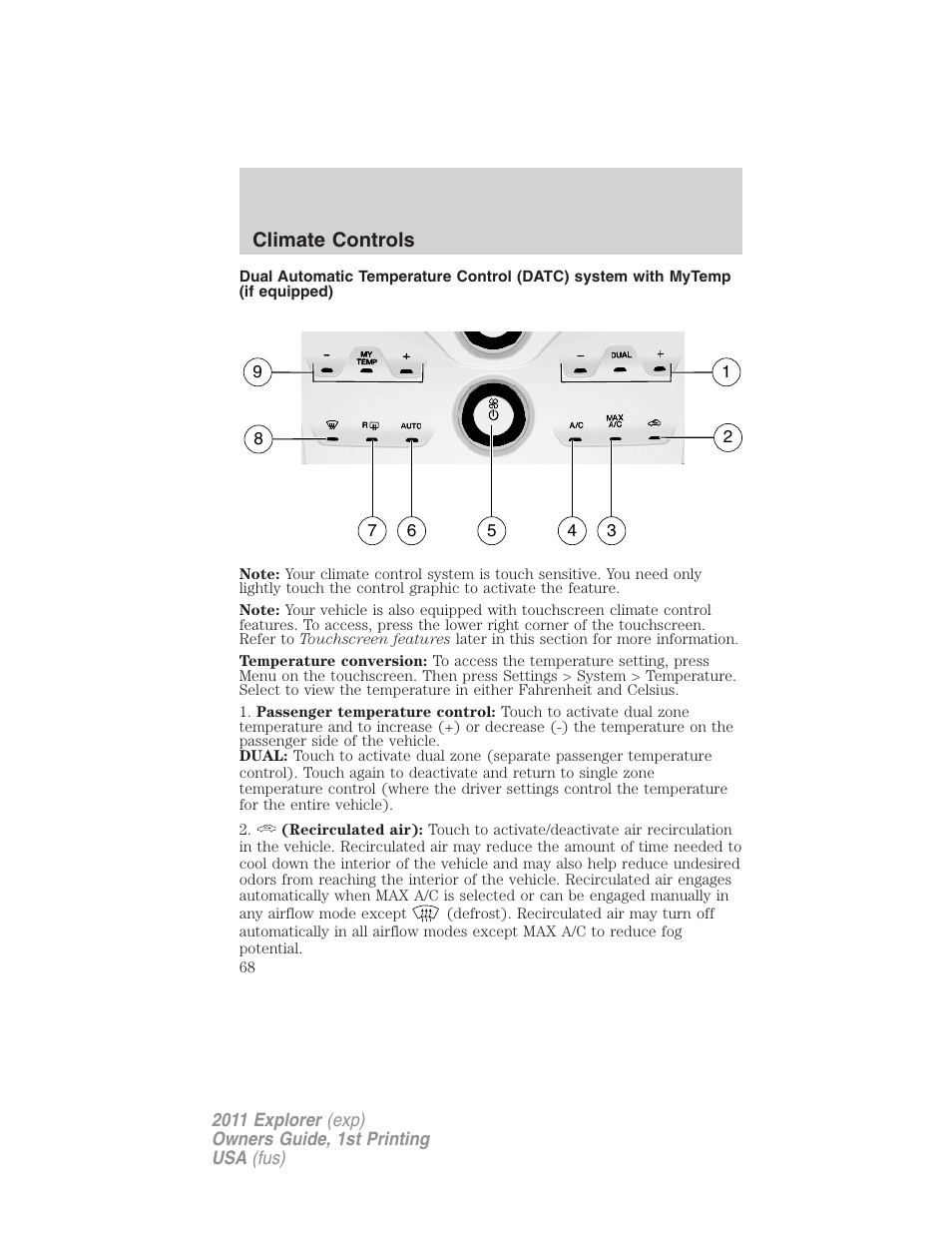 Climate controls | FORD 2011 Explorer v.1 User Manual | Page 69 / 449