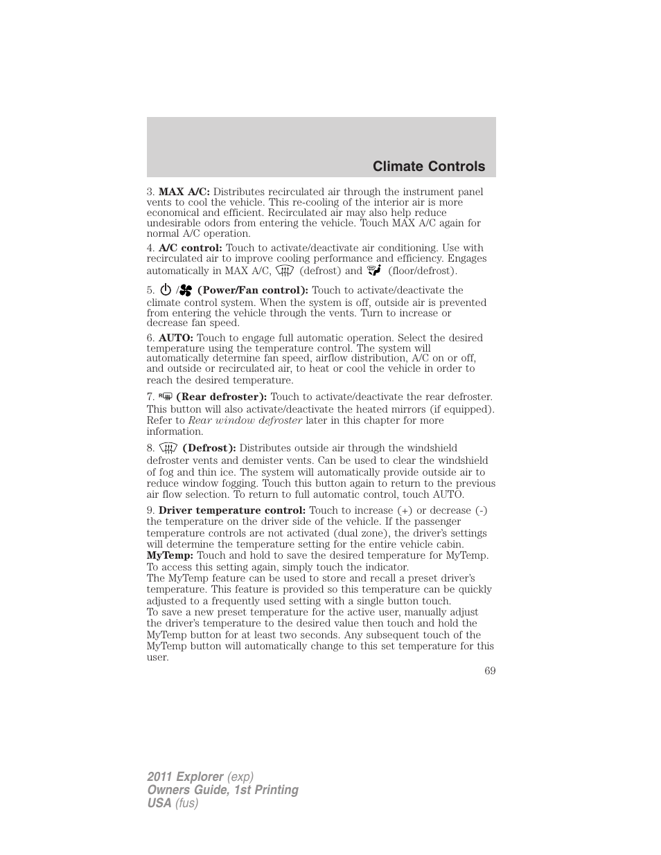 Climate controls | FORD 2011 Explorer v.1 User Manual | Page 70 / 449