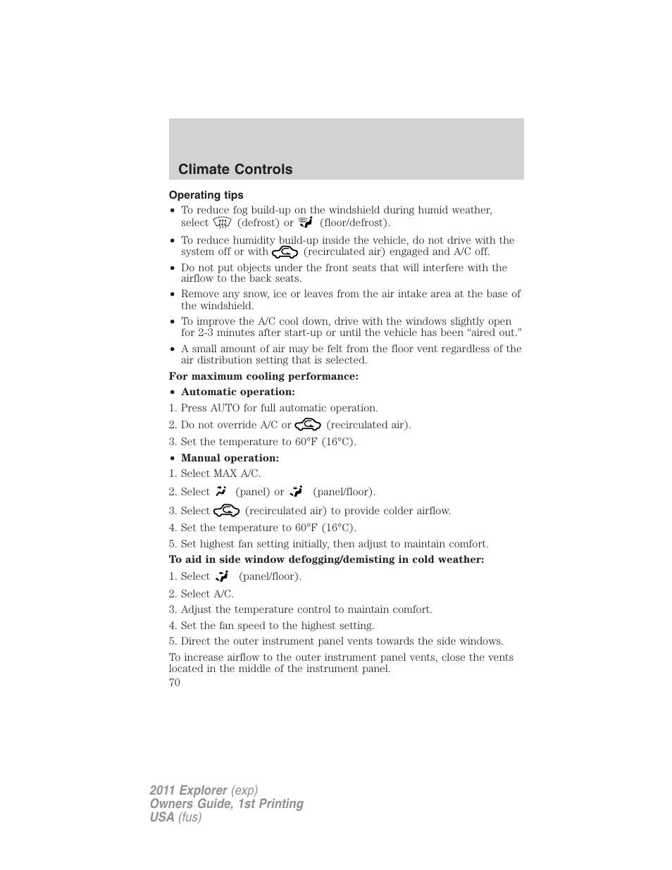 Operating tips, Climate controls | FORD 2011 Explorer v.1 User Manual | Page 71 / 449