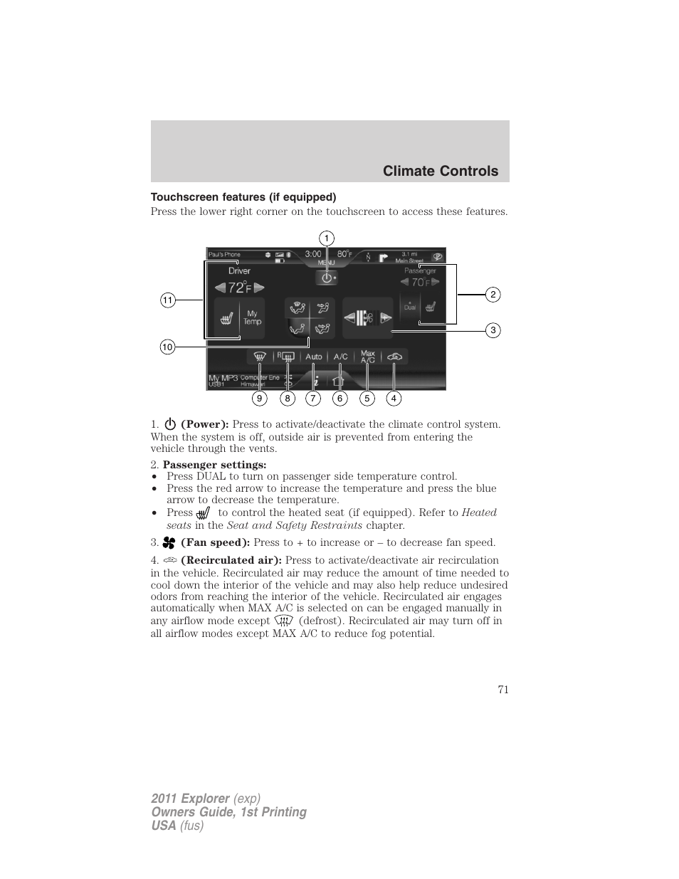 Touchscreen features (if equipped), Touchscreen features, Climate controls | FORD 2011 Explorer v.1 User Manual | Page 72 / 449