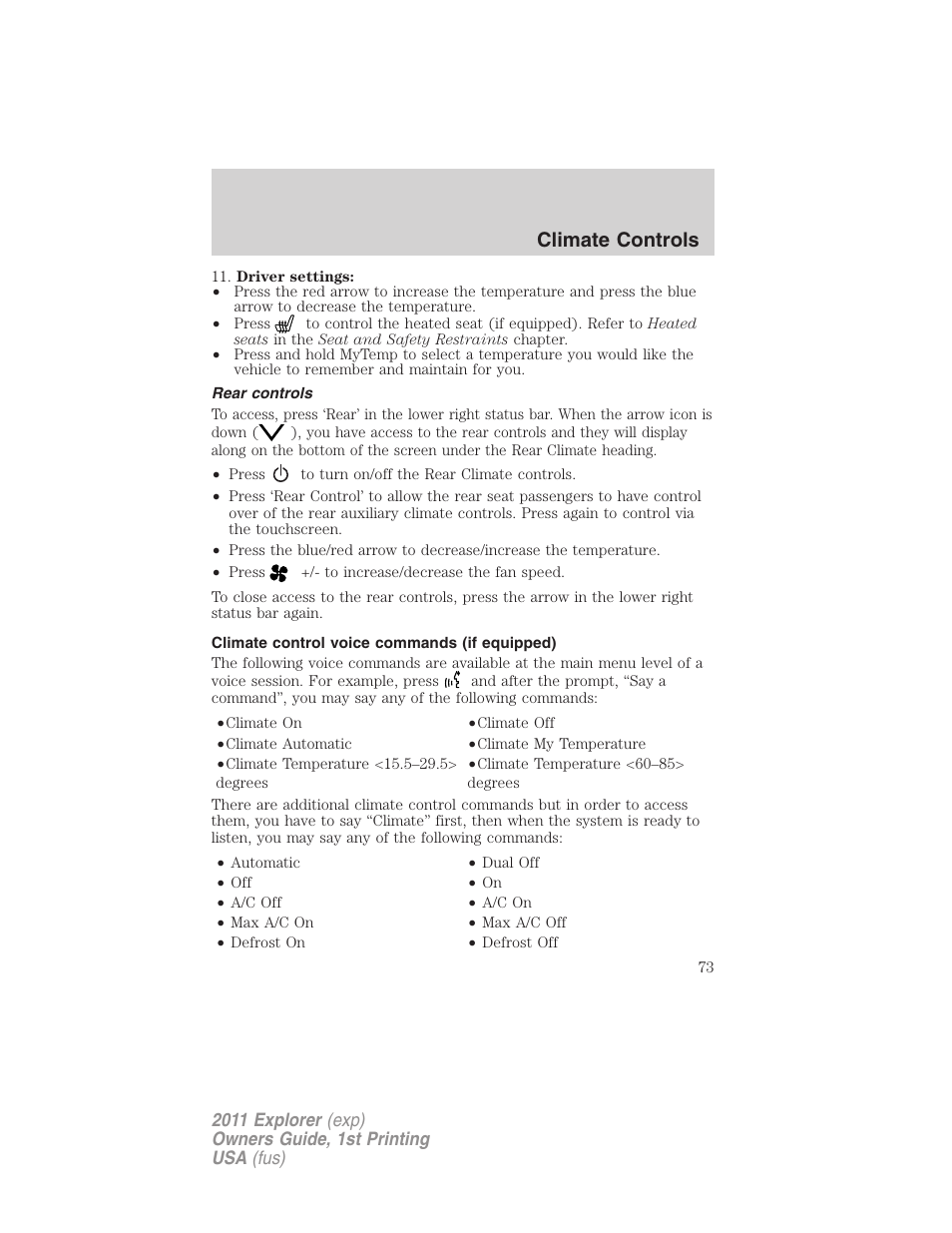 Rear controls, Climate control voice commands (if equipped), Climate controls | FORD 2011 Explorer v.1 User Manual | Page 74 / 449