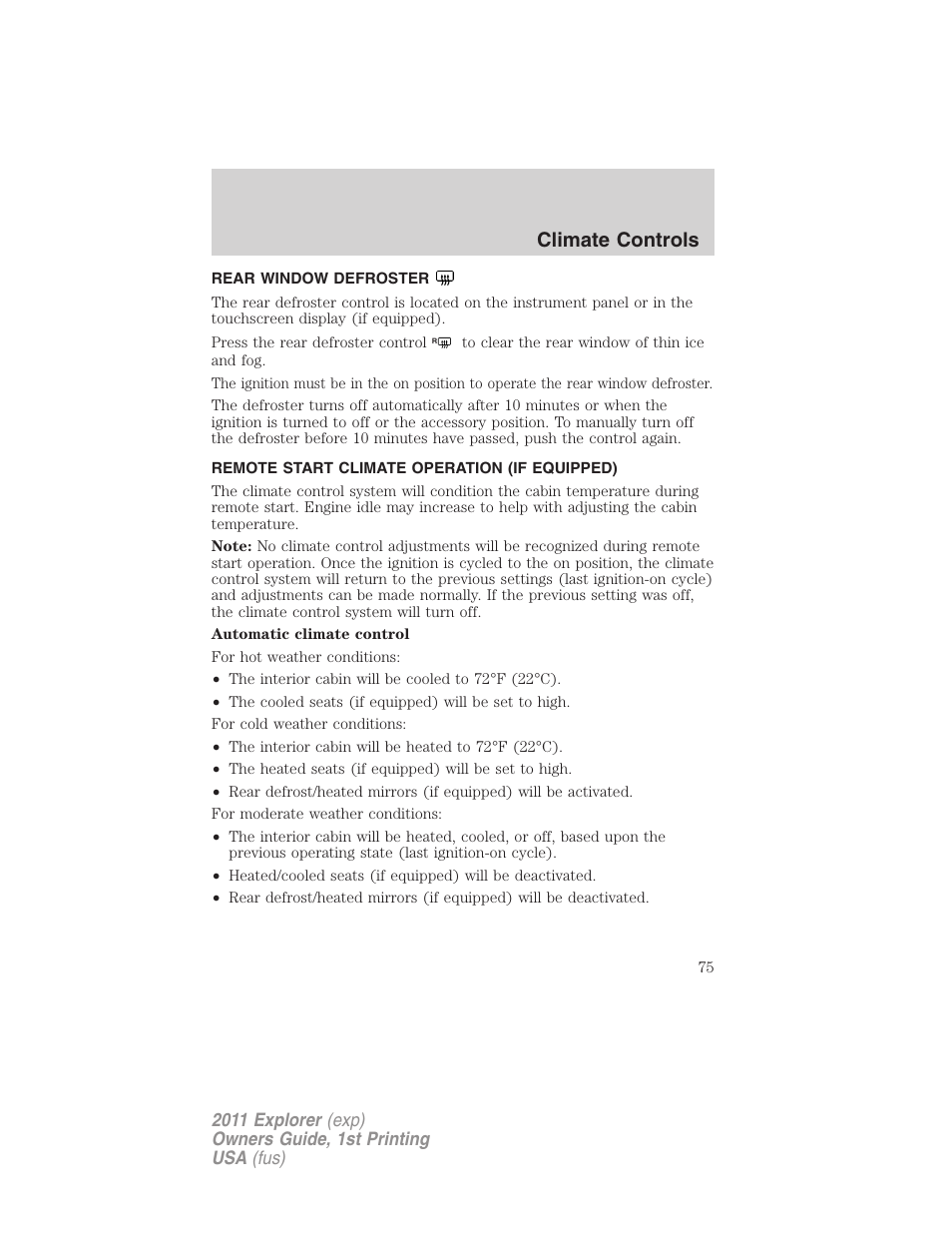 Rear window defroster, Remote start climate operation (if equipped), Climate controls | FORD 2011 Explorer v.1 User Manual | Page 76 / 449