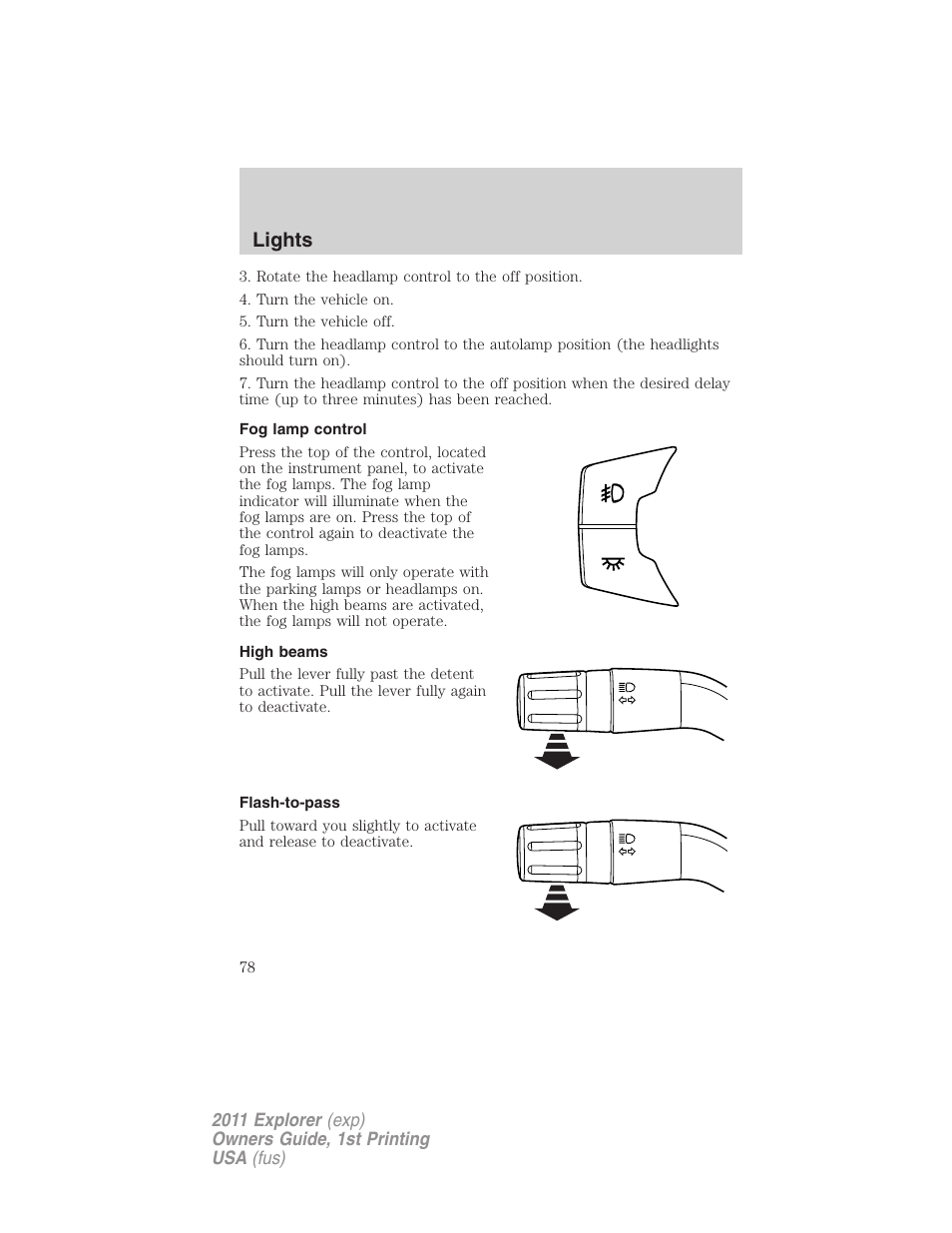 Fog lamp control, High beams, Flash-to-pass | Lights | FORD 2011 Explorer v.1 User Manual | Page 79 / 449