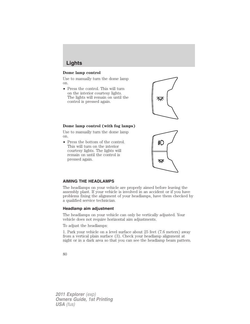 Aiming the headlamps, Headlamp aim adjustment, Lights | FORD 2011 Explorer v.1 User Manual | Page 81 / 449