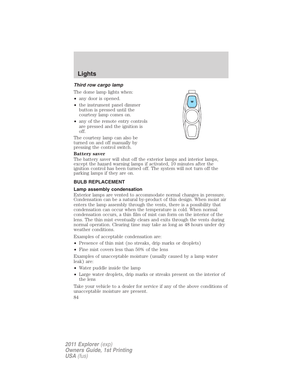 Third row cargo lamp, Bulb replacement, Lamp assembly condensation | Lights | FORD 2011 Explorer v.1 User Manual | Page 85 / 449