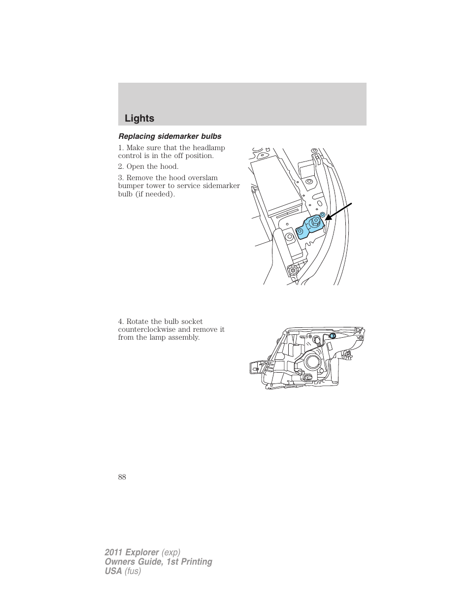 Replacing sidemarker bulbs, Lights | FORD 2011 Explorer v.1 User Manual | Page 89 / 449