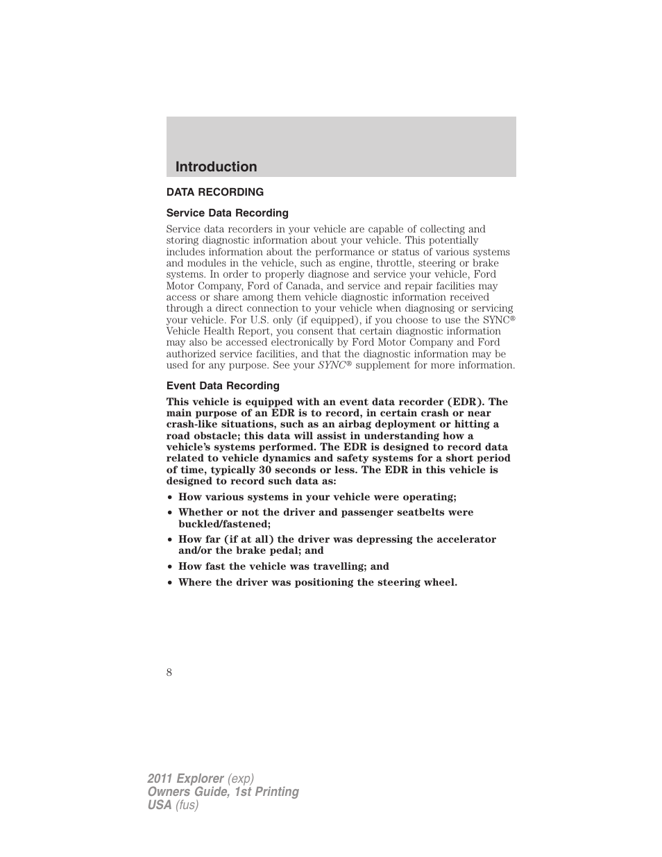 Data recording, Service data recording, Event data recording | Introduction | FORD 2011 Explorer v.1 User Manual | Page 9 / 449