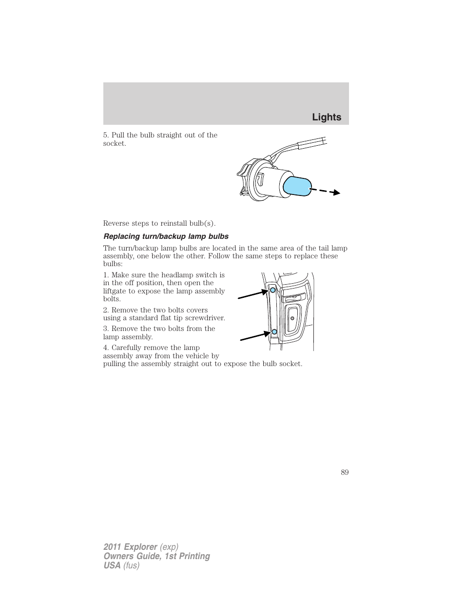 Replacing turn/backup lamp bulbs, Lights | FORD 2011 Explorer v.1 User Manual | Page 90 / 449
