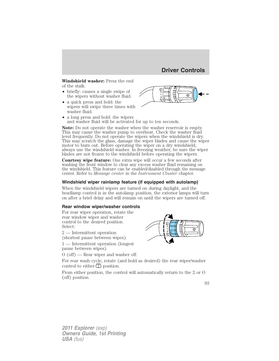 Rear window wiper/washer controls, Driver controls | FORD 2011 Explorer v.1 User Manual | Page 94 / 449