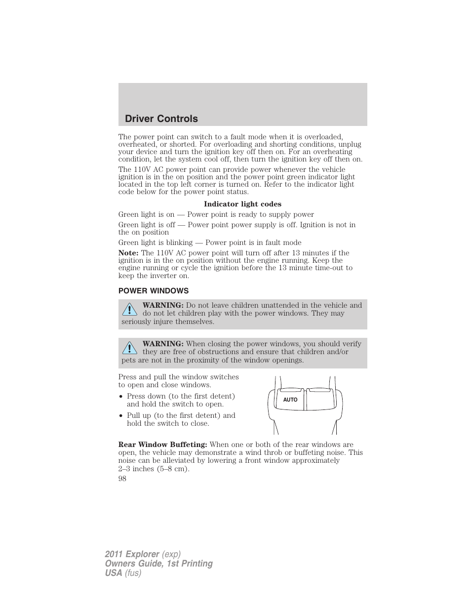 Power windows, Driver controls | FORD 2011 Explorer v.1 User Manual | Page 99 / 449