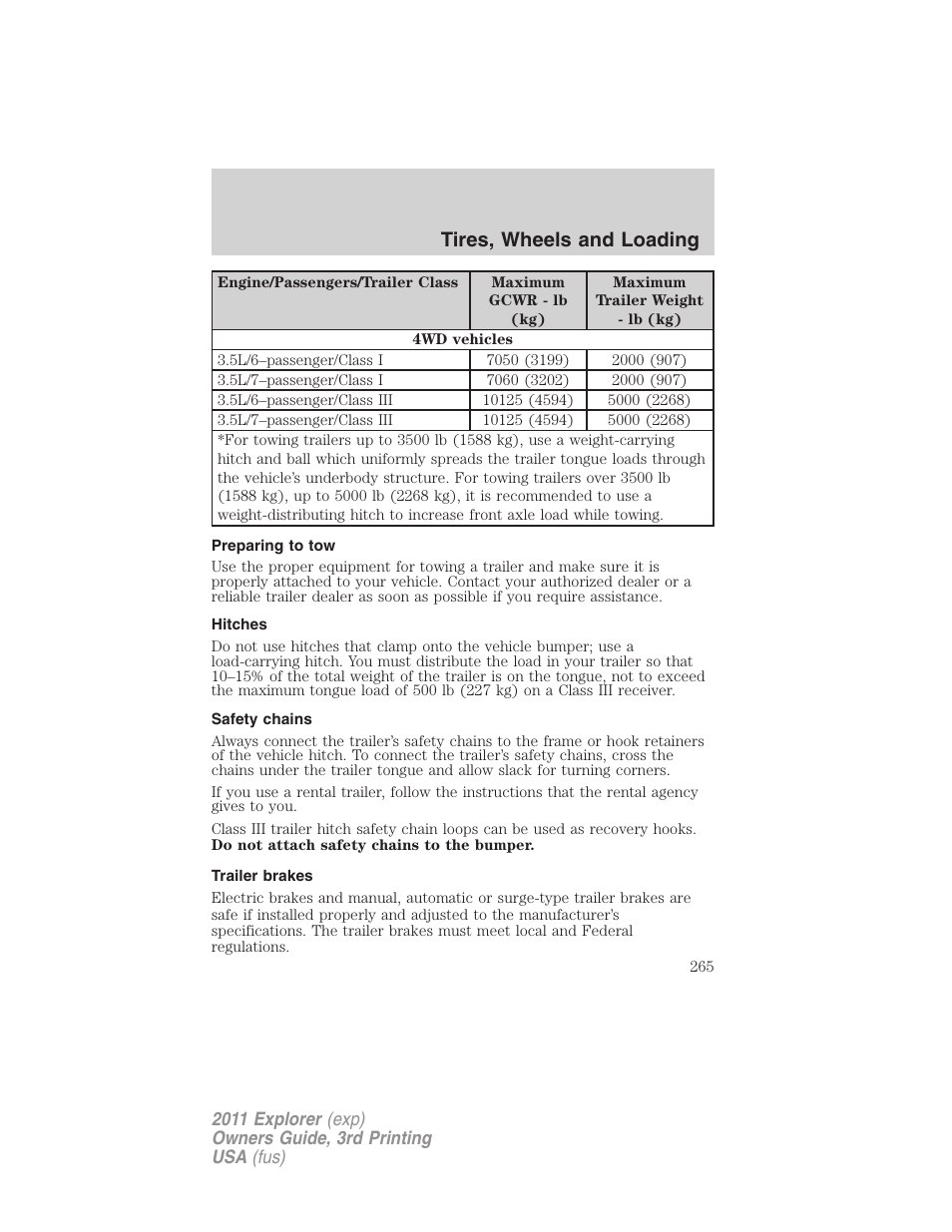 Preparing to tow, Hitches, Safety chains | Trailer brakes, Tires, wheels and loading | FORD 2011 Explorer v.2 User Manual | Page 265 / 448