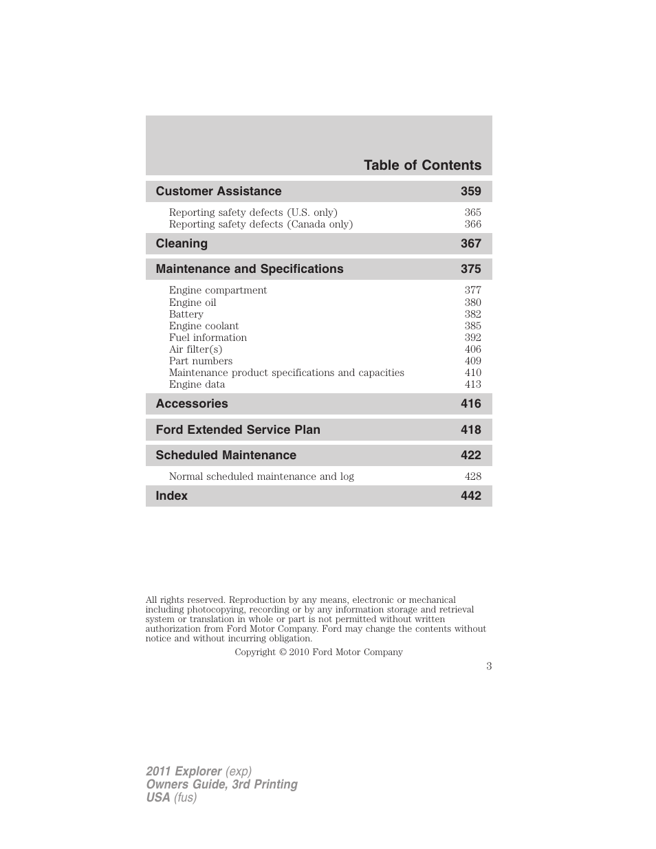 FORD 2011 Explorer v.2 User Manual | Page 3 / 448