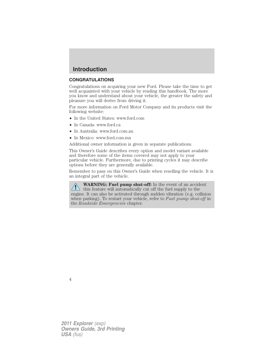 Introduction, Congratulations | FORD 2011 Explorer v.2 User Manual | Page 4 / 448