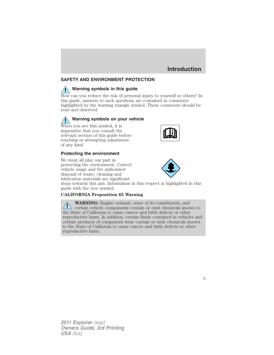 Safety and environment protection, Warning symbols in this guide, Warning symbols on your vehicle | Protecting the environment, Introduction | FORD 2011 Explorer v.2 User Manual | Page 5 / 448