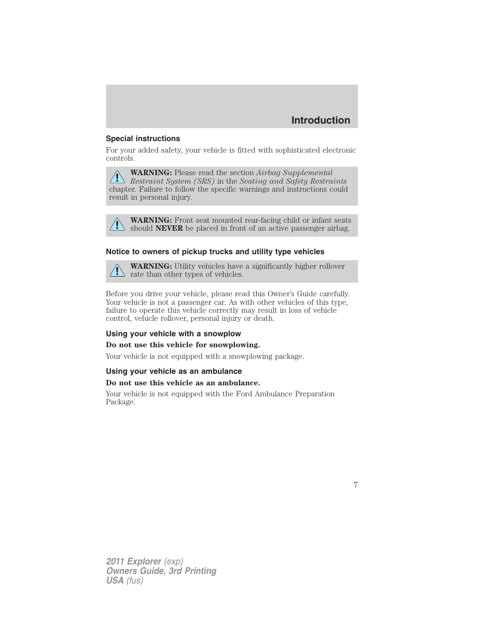 Special instructions, Using your vehicle with a snowplow, Using your vehicle as an ambulance | Introduction | FORD 2011 Explorer v.2 User Manual | Page 7 / 448