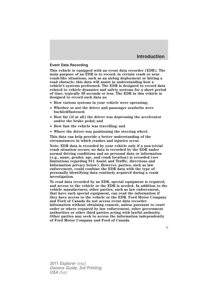 Event data recording, Introduction | FORD 2011 Explorer v.2 User Manual | Page 9 / 448