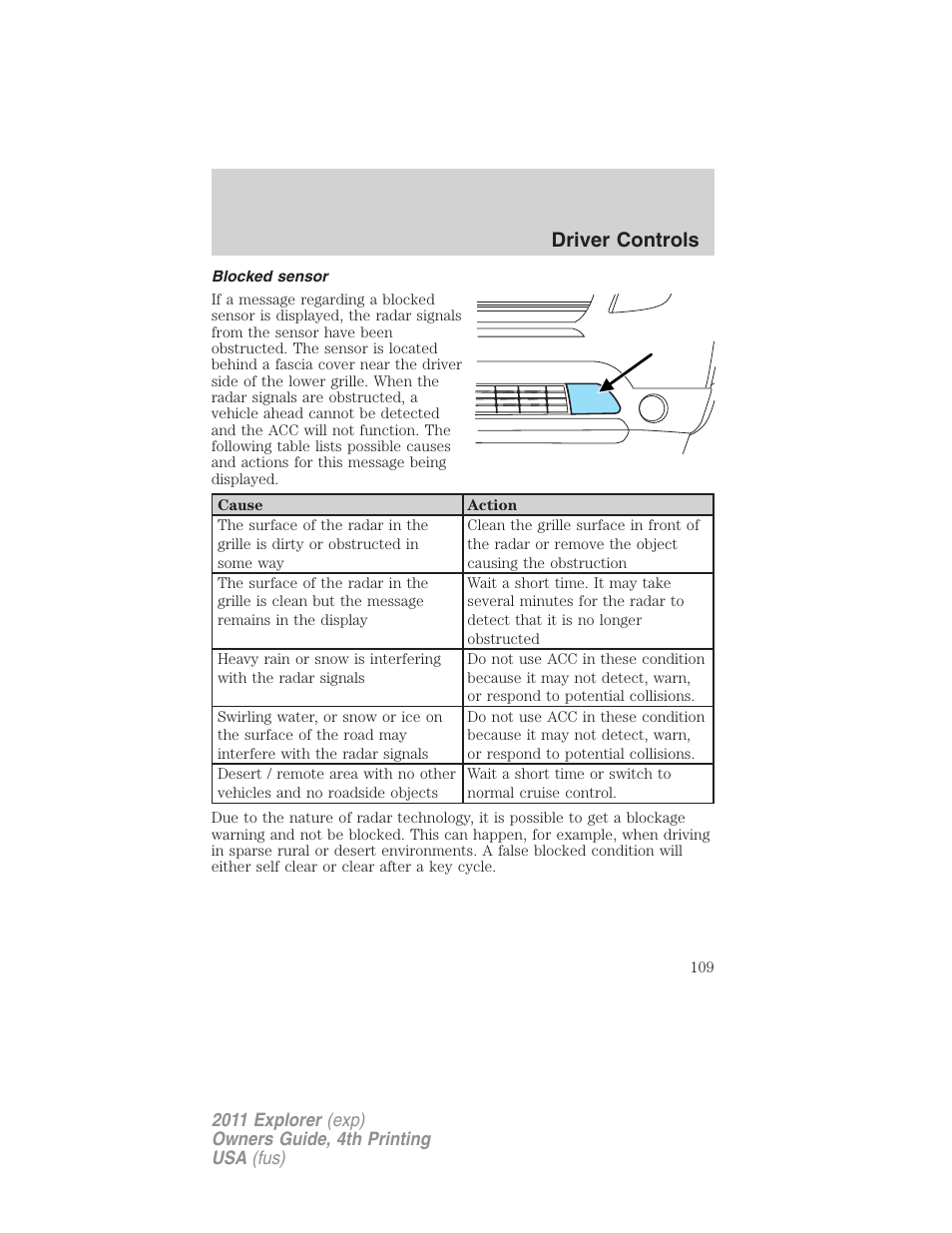 Blocked sensor, Driver controls | FORD 2011 Explorer v.3 User Manual | Page 109 / 442